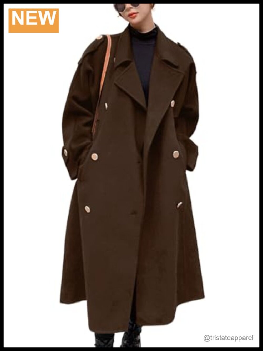 Wool Blend Double Breasted Midi Pea Coat Notch Lapel Trench Coat